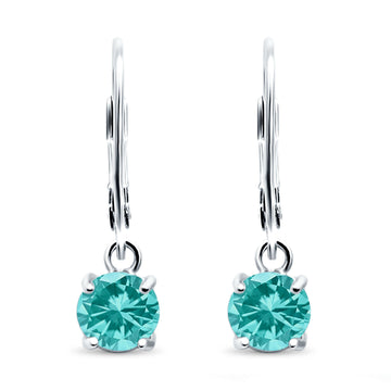 Lever Back Earring Round Simulated Paraiba Tourmaline CZ 925 Sterling Silver (2mm-10mm)